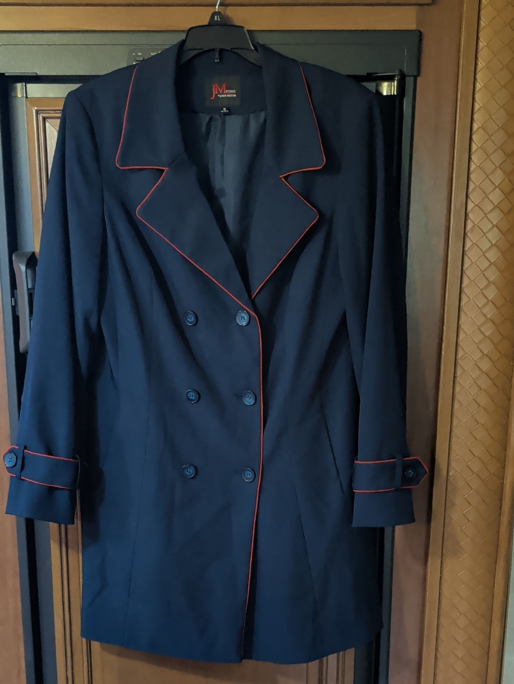 JM Collection Navy Midi Coat/Dress with Red Piping